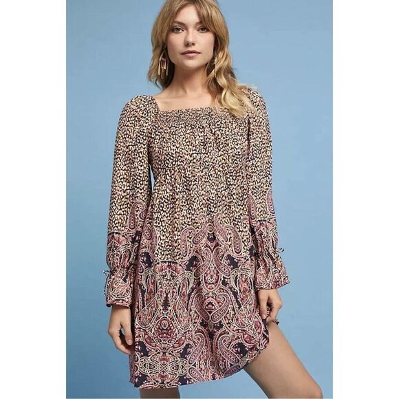ANTHROPOLOGIE Maeve Milou Leopard Paisley Boho Babydoll Dress XS Over Shoulder - Picture 1 of 8